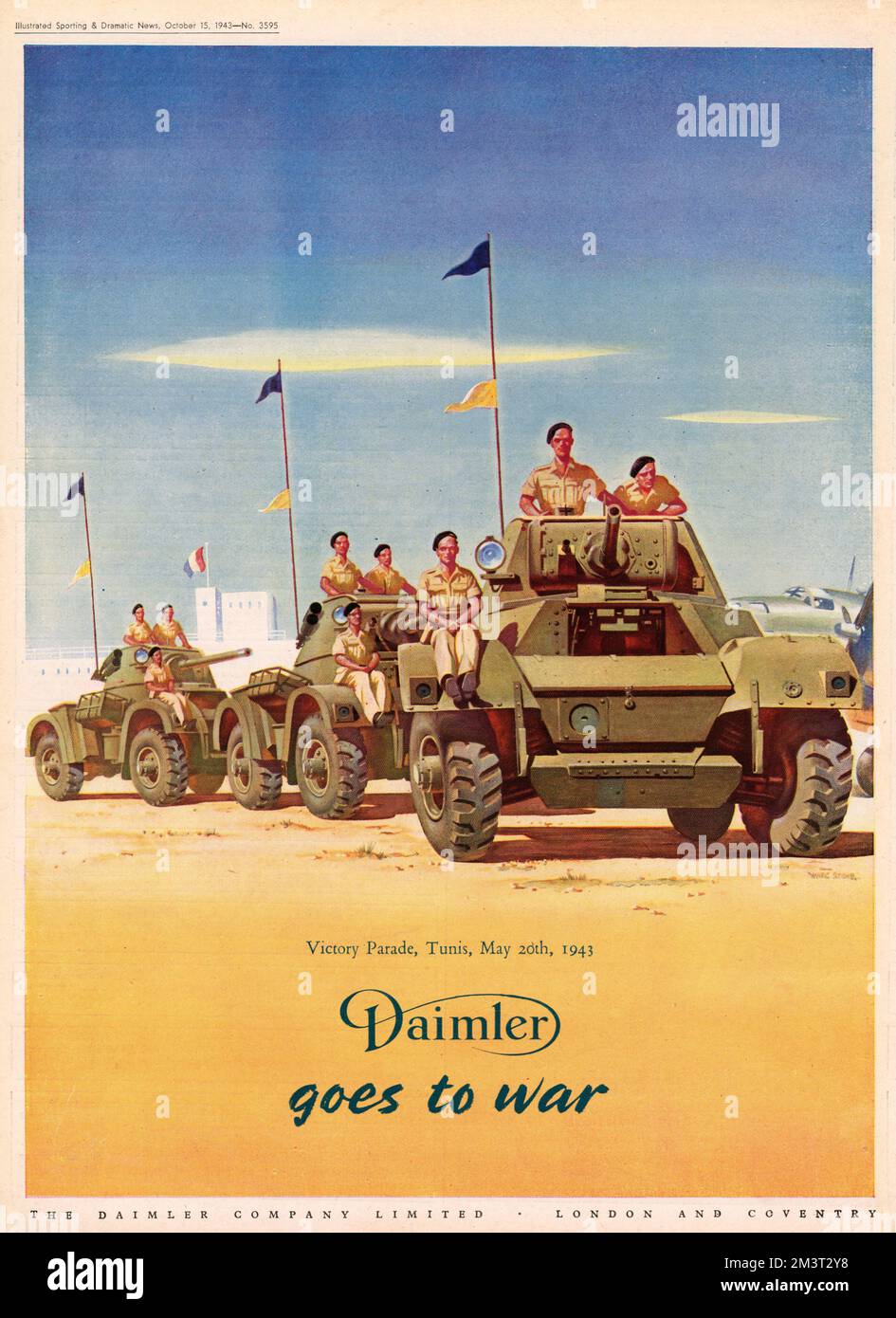 Daimler part en guerre. Publicité pour Daimler Company Limited montrant la parade de la victoire, Tunis, 20th mai 1943. Banque D'Images