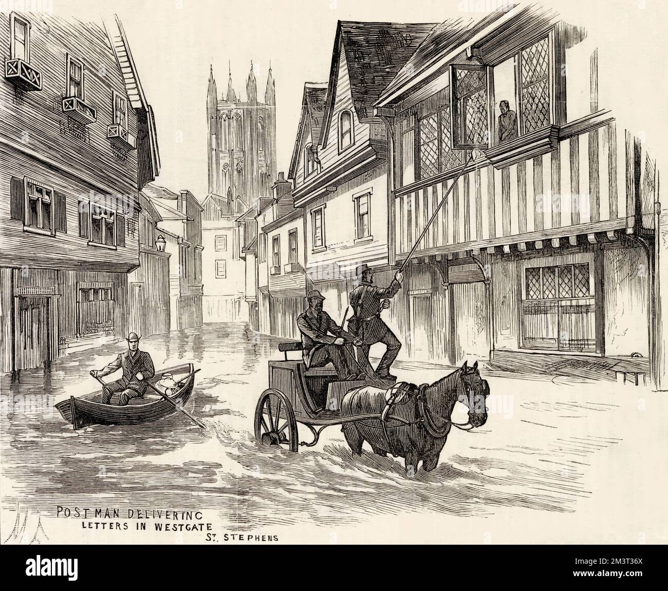 Inondations à Canterbury, dans le Kent, à l'automne 1882 : un postier livre des lettres à Westgate, avec l'aide d'un long poteau. Banque D'Images