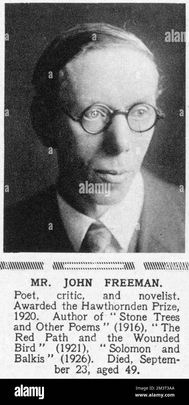 John Freeman (1880-1929), poète, critique et romancier. A reçu le Prix Hawthornden, 1920. Autho de 'Ston Trees and other Poems' (1915, 'le chemin rouge et l'oiseau blessé' (1921), 'Solomon and Balkis' (1926). Date: 1929 Banque D'Images