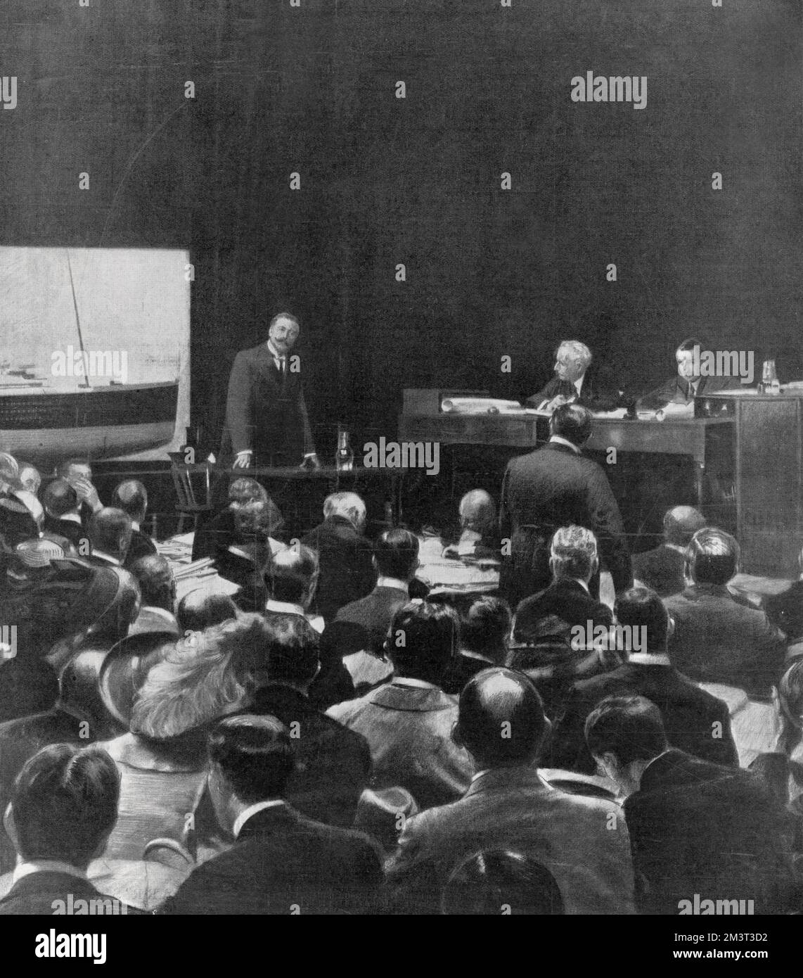 Un moment sensationnel dans l'enquête Titanic: Sir Cosmo Duff-Gordon donne des preuves dans le London Scottish Drill Hall. Banque D'Images