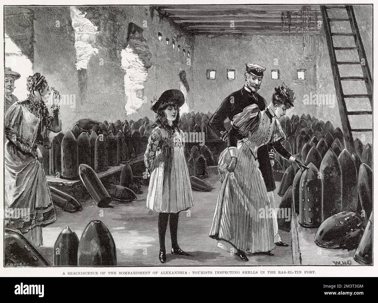 Un souvenir du bombardement d'Alexandrie, des touristes inspectant des obus dans le fort de Ras-El-Tin Date: 1896 Banque D'Images