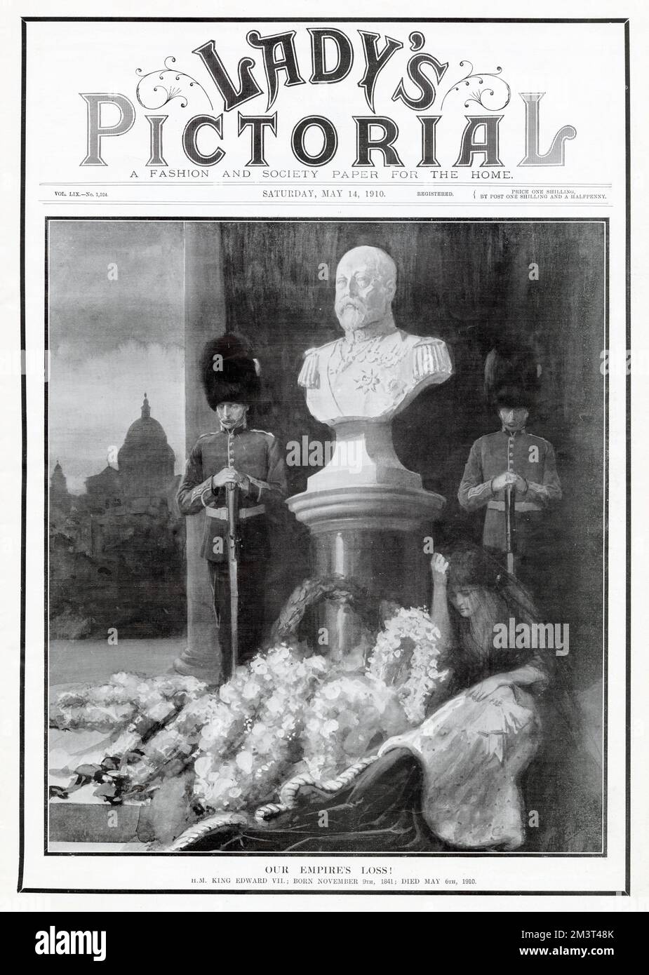 Couverture avant du « Lady's Pictorial » montrant un Grenadier Guards qui garde la montre sur un buste du roi Edward VII Date : 14 mai 1910 Banque D'Images
