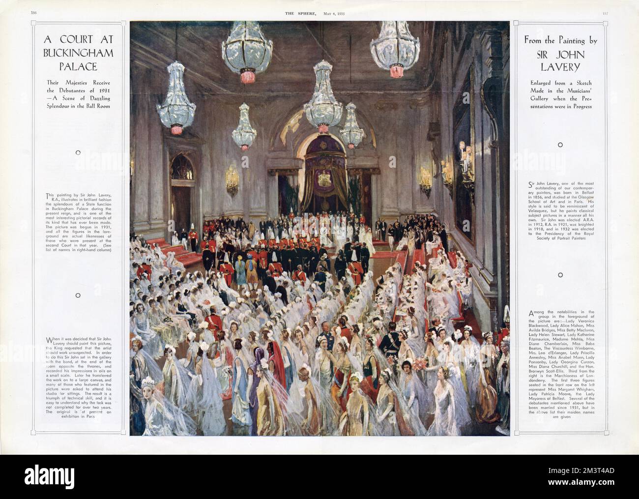 Une double page s'étend de la sphère avec un tableau de Sir John Lavery de la présentation de la cour dans la salle du trône de Buckingham Palace. La peinture, aujourd'hui perdue, a été travaillé sur plus de deux ans et bien qu'elle s'intitule 'leur Majesties' court, 1932' semble présenter des personnes qui ont été présentées en 1930 et 1931. Un cas en est un exemple de Mlle. Margaret Whigham, plus tard Mme Charles Sweeny et ensuite la duchesse d'Argyll. Elle est tout à gauche sur la première rangée de débits assis à gauche de la photo. Margaret a été présentée en 1930. Banque D'Images