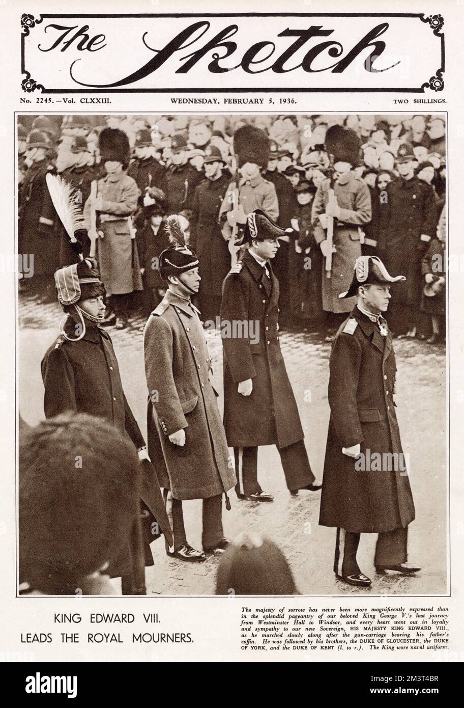 Couverture avant de l'esquisse couvrant les funérailles du roi George V. la photographie montre le roi Edward VIII, menant les coursiers royaux marchant après la charriot portant le corps du roi George tardif. Derrière lui se trouvent, de gauche à droite, le duc de Gloucester, le duc de York (roi George VI) et le duc de Kent. Banque D'Images