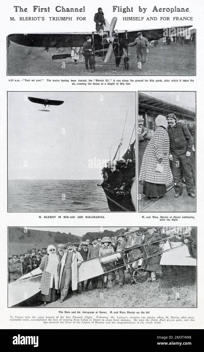 Louis Bleriot (1872 - 1936), aviateur, inventeur et ingénieur français. Plusieurs photos du premier vol réussi à travers la Manche, de Calais à Douvres en environ quarante minutes. En remportant le prix « Daily Mail » de £1 000 et en recevant également la Croix de la Légion d'honneur. Date : 25th juillet 1909 Banque D'Images