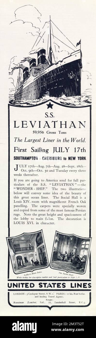 Annonce pour Leviathan navire de luxe 1923 Banque D'Images