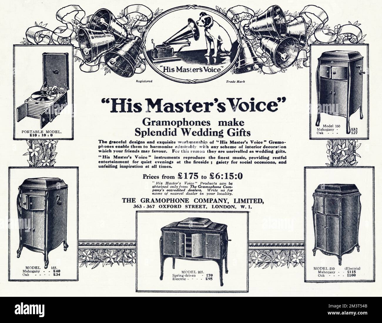 Publicité pour une gamme de gramophones portables robustes pour les produits « HIS Master's Voice ». Banque D'Images