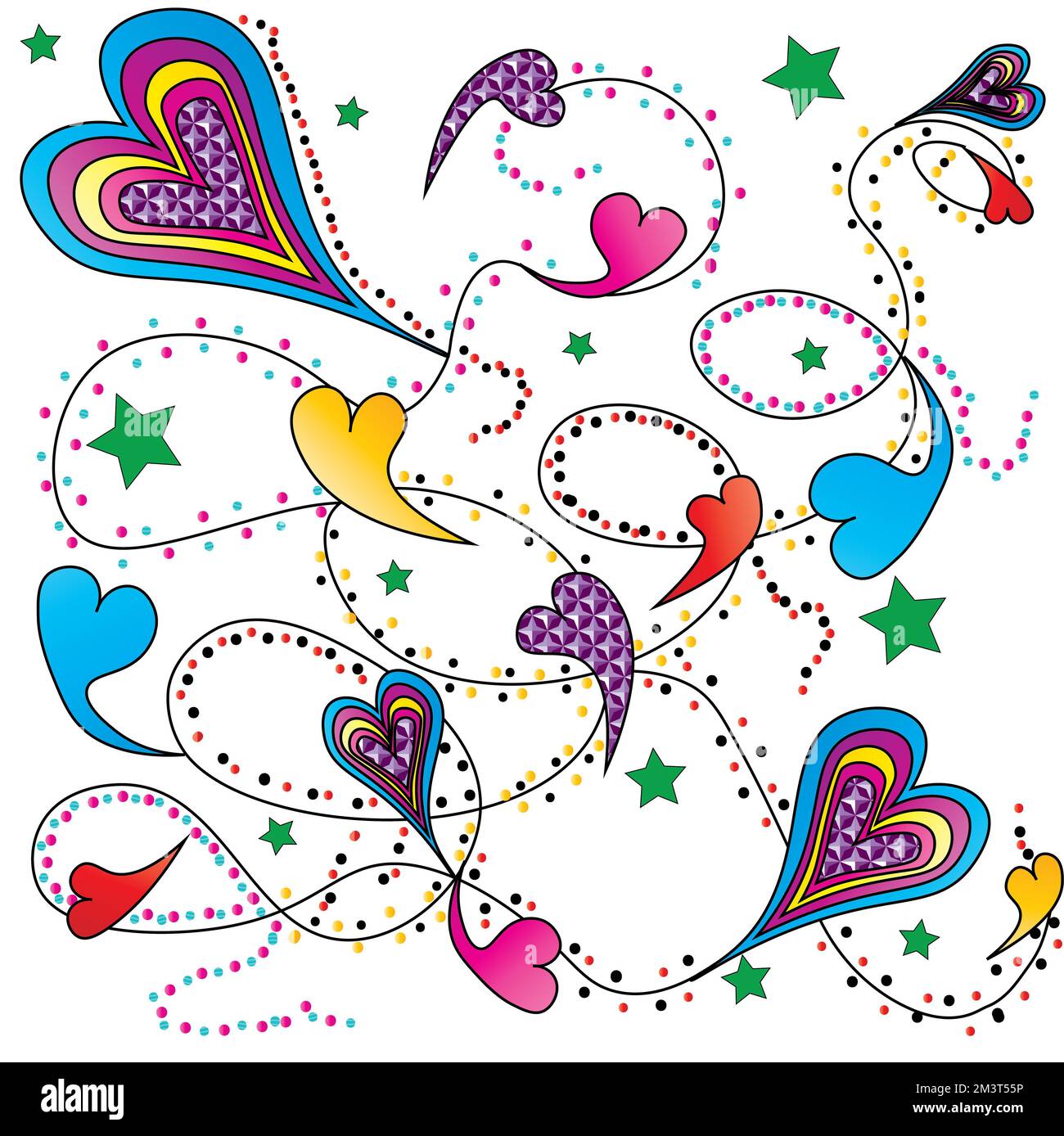 Chaîne de coeurs abstraits en plusieurs couleurs et motifs. Illustration Banque D'Images