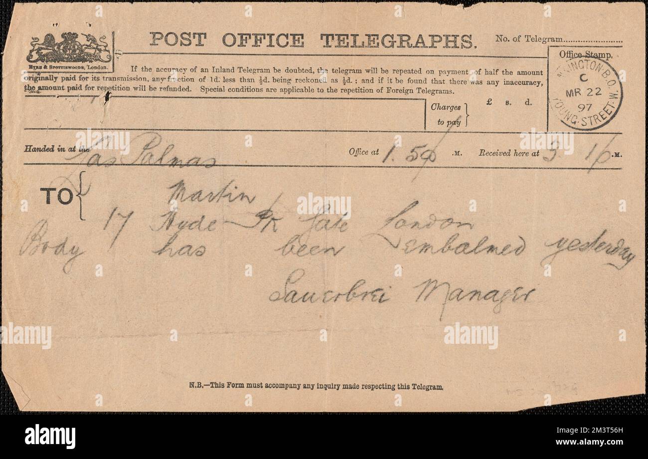 Sanerbrei Directeur télégramme à [Victoria Woodhull] Martin, Las Palmas, [îles Canaries], 22 mars 1897 , Féministes, États-Unis, suffragistes. Victoria Woodhull Martin Papers Banque D'Images