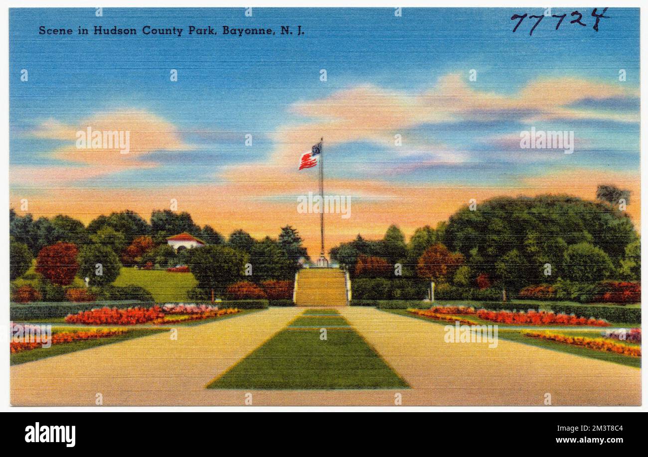 Scène dans le parc du comté d'Hudson, Bayonne, N. J. , Parcs, Collection de frères Tichnor, Cartes postales des États-Unis Banque D'Images