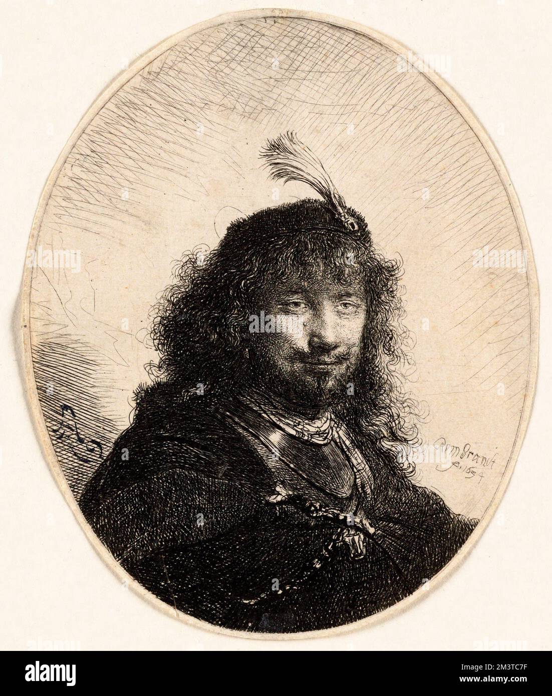 Autoportrait avec chapeau plumé et sabre abaissé , Rembrandt Harmenszoon van Rijn, 1606-1669 Banque D'Images