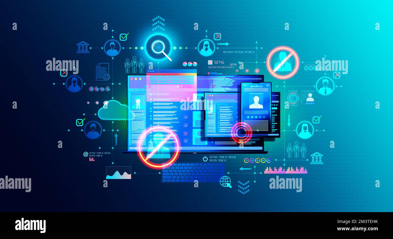 Cybervetting ou vetting en ligne - acquisition et analyse de l'information en ligne pour évaluer la pertinence d'un individu pour un rôle particulier - Banque D'Images