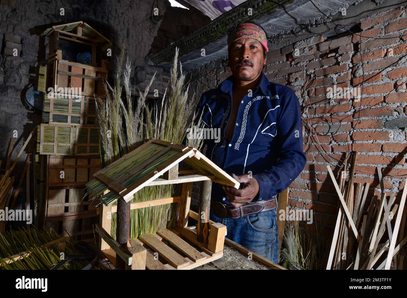 16 décembre à Toluca, Mexique : la famille Gomez est originaire d'une communauté Otomi appartenant à San Pablo Autopan à Toluca, Etat du Mexique, pendant 28 ans cette saison de Noël, ils sont dédiés à la fabrication de Nativités de Noël faites à la main. Pour les faire, ils utilisent différents types de bois et différents types d'herbe, matière première recueillie sur le terrain. Sur 16 décembre à Toluca, México. (Credit image: © Arturo Hernandez/eyepix via ZUMA Press Wire) Banque D'Images