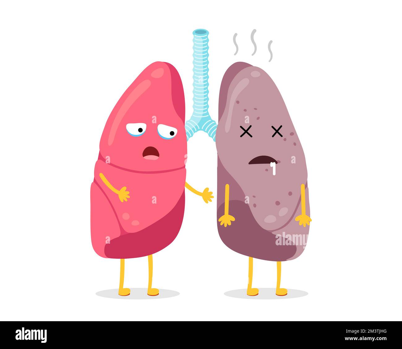 Poumons caractères sains et malsains comparaison. Paire de poumons humains en bon état et en mauvais état. Caricature appareil respiratoire humain mascotte d'organe interne peur et maladie triste. Des moutons forts et endommagés Illustration de Vecteur
