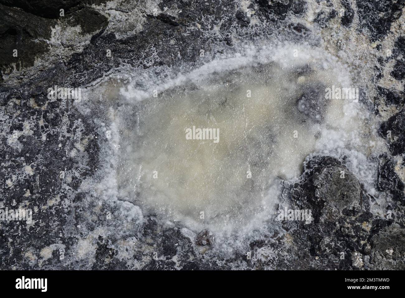 gros plan d'une texture inhabituelle d'une flaque de sel sec sur le volcan de l'île tropicale de la Réunion, France Banque D'Images