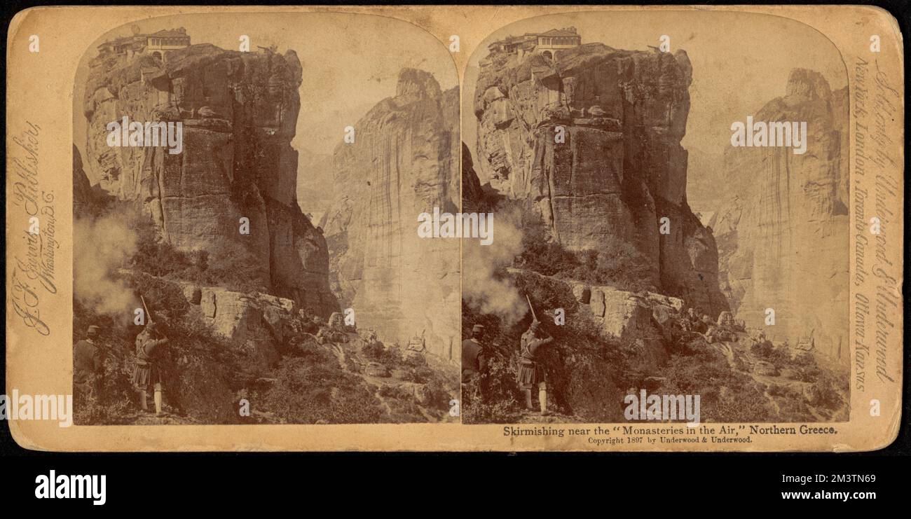 Skirmishing près des 'Monasteries dans l'air', Grèce du Nord, monastères, falaises, campagnes et batailles, guerre gréco-turque, 1897 Banque D'Images