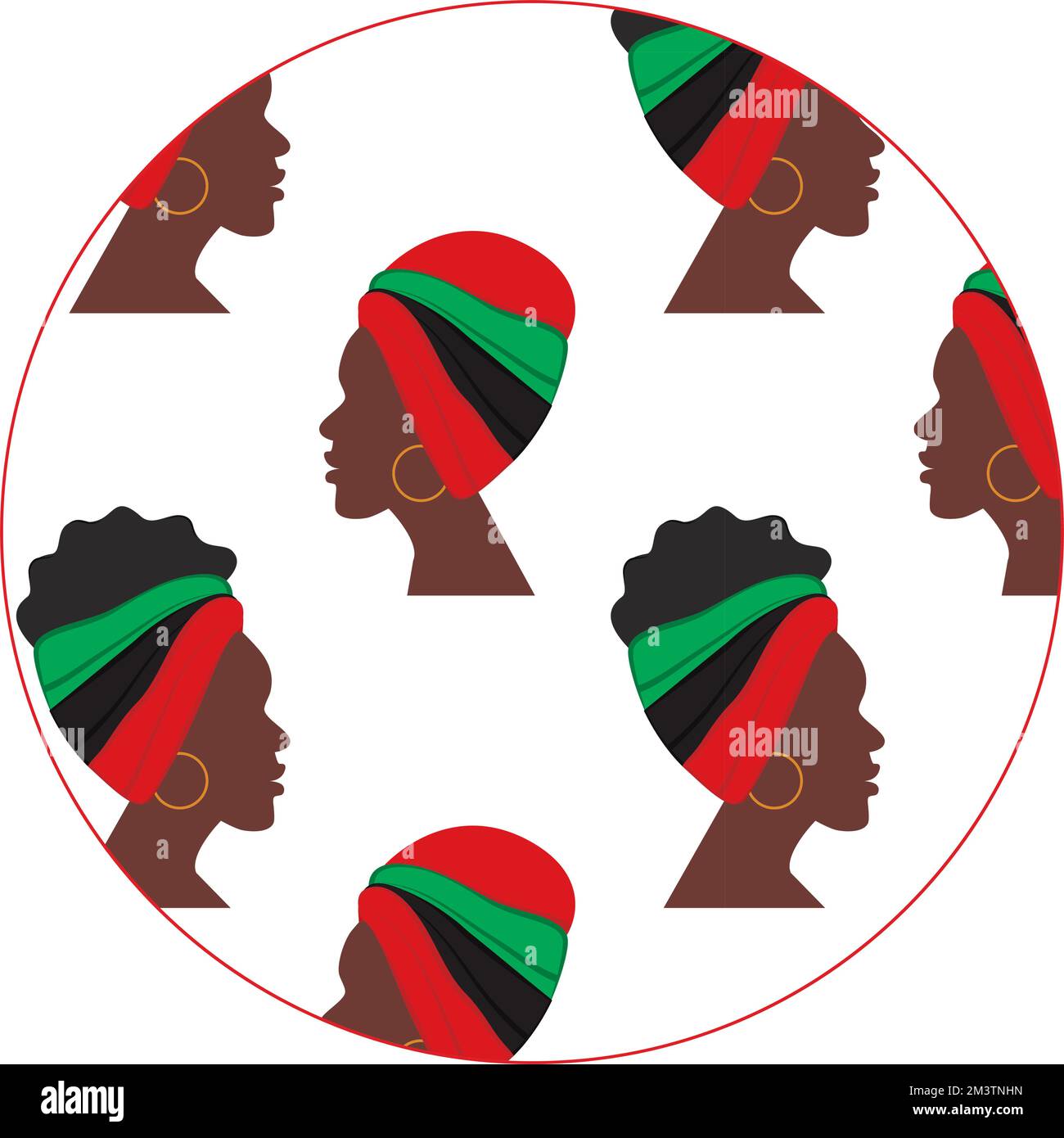 Contour de la forme du cercle avec un modèle du profil des femmes africaines tournées dans des directions différentes. Arrière-plan abstrait. Texture. Concept. Idéal pour le lettrage, le Web, l'affiche, les cartes, la brochure ou l'étiquette Illustration de Vecteur