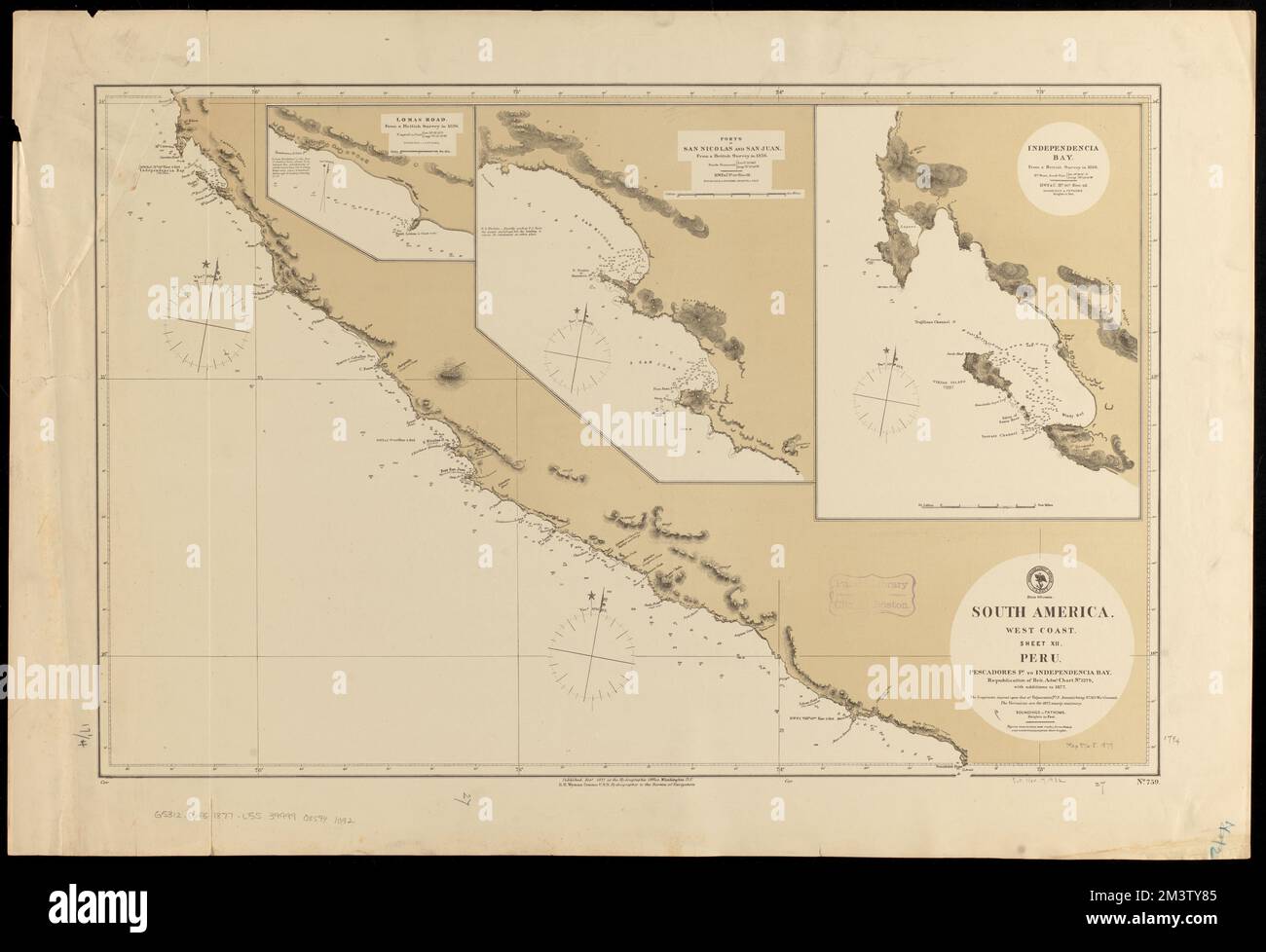 Amérique du Sud, côte ouest, feuille XII, Pérou, Pescadores Pt. À Independencia Bay : republication de Brit. Admty. n° de graphique 1279, avec additions à 1877 , côtes, Pérou, cartes, cartes marines, Pérou, Département de l'ICA, cartes marines, Pérou, Département de l'Arequipa, ICA Pérou : Département, cartes, Arequipa Pérou : Département, cartes, Lomas Arequipa, Pérou, cartes, San Nicolas Pérou, cartes, San Juan Pérou, cartes, Independencia Bay Pérou, Cartes Norman B. Leventhal Map Centre Collection Banque D'Images