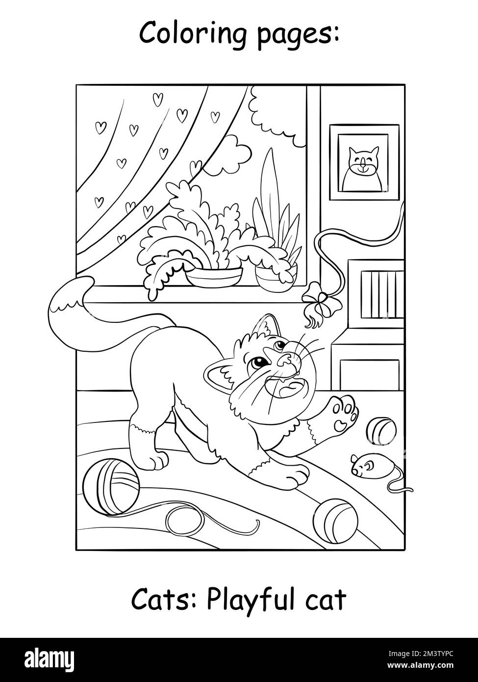 Joli chat rêvant jouant avec une balle de fil. Page de livre de coloriage pour les enfants. Illustration de dessin animé vectoriel isolée sur fond blanc. Pour colori Illustration de Vecteur