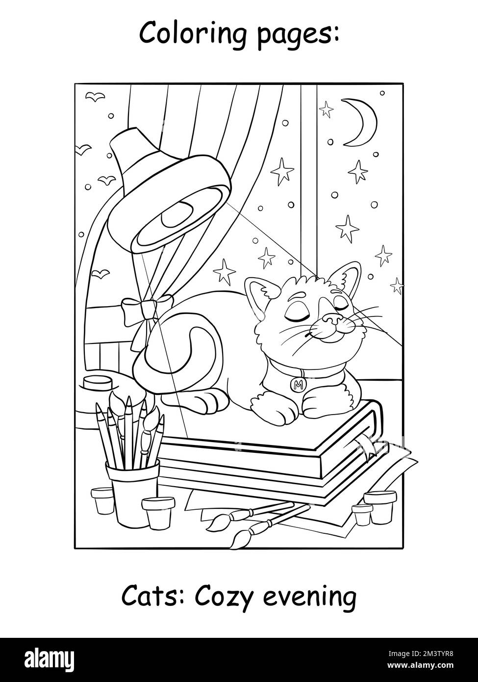 Joli chat rêvant allongé sur les livres. Page de livre de coloriage pour les enfants. Illustration de dessin animé vectoriel isolée sur fond blanc. Pour livre de coloriage, ed Illustration de Vecteur
