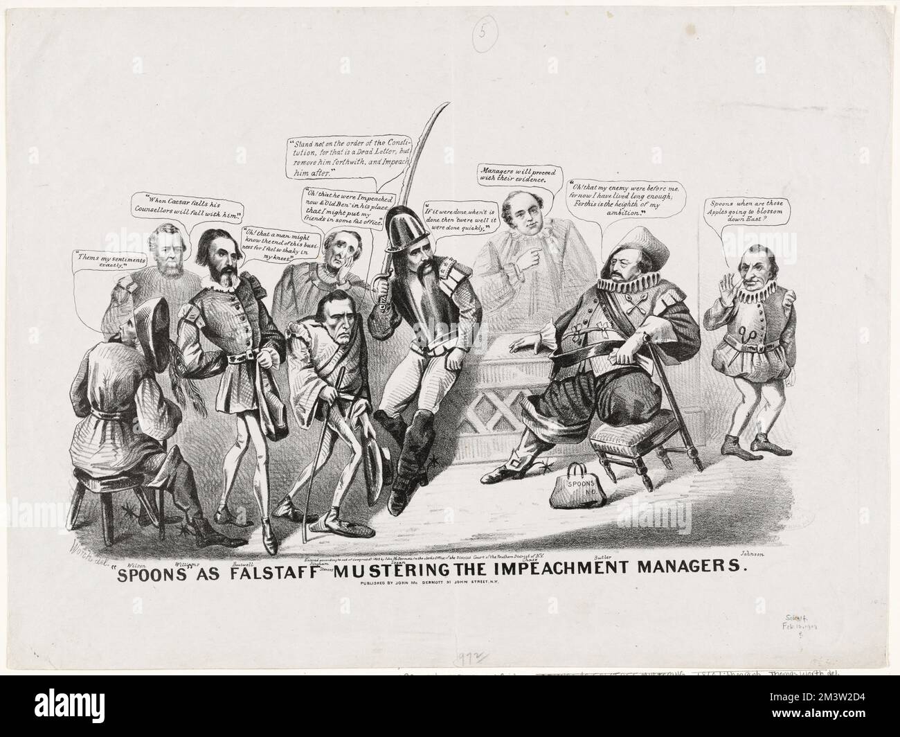 Cuillers que Falstaff rassembler les responsables de la destitution , Impeachments, Présidents, législateurs, costumes, Butler, Benjamin F. Benjamin Franklin, 1818-1893, Boutwell, George S. George Sewall, 1818-1905, Williams, Thomas, 1806-1872, Stevens, Thaddeus, 1792-1868, Bingham, John Armor, 1815-1900, Logan, John Alexander, 1826-1886, Chase, Salmon P. Salmon Portland, 1808-1873, Wilson, James F. James Falconer, 1828-1895, Johnson, Andrew, 1808-1875 Banque D'Images