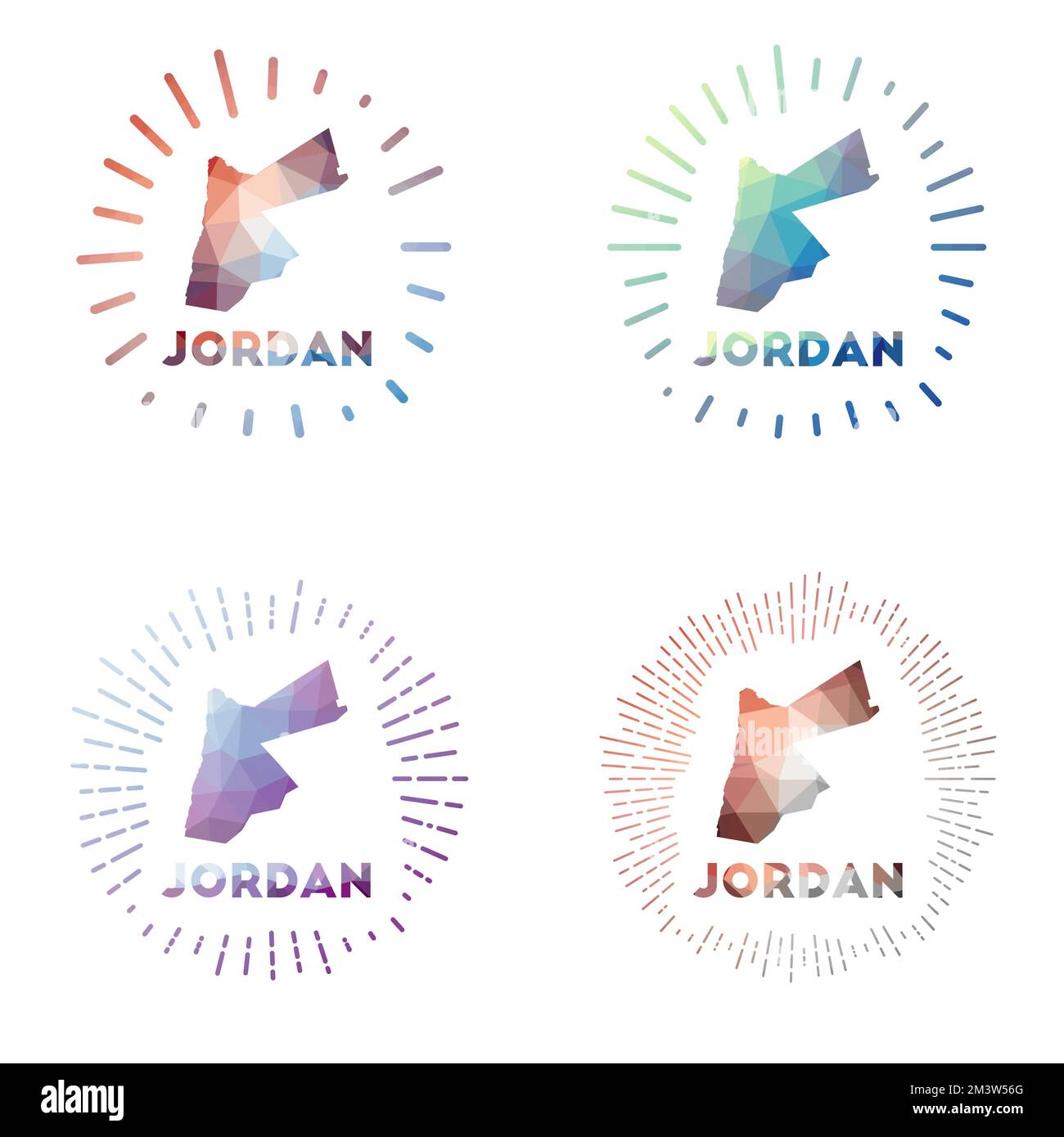 Jordan Low Poly Sunburst Set. Logo du pays dans un style polygonal géométrique. Illustration vectorielle. Illustration de Vecteur