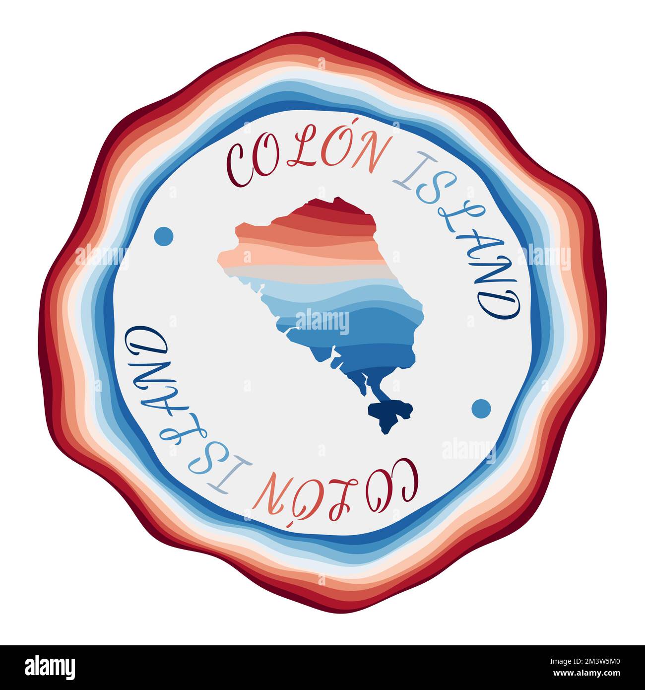 Badge de l'île du côlon. Carte de l'île avec de belles vagues géométriques et un cadre rouge et bleu vif. Logo Colon rond vif. Illustration vectorielle. Illustration de Vecteur