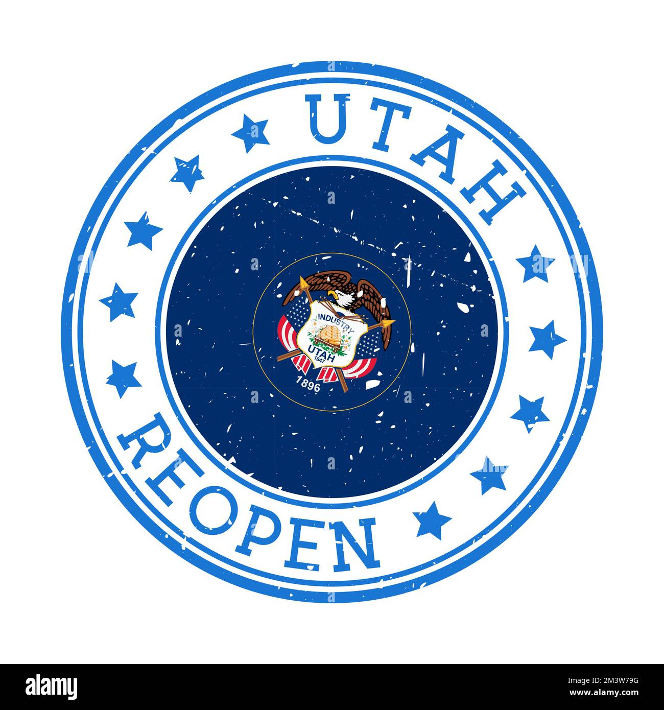 Timbre de réouverture de l'Utah. Badge rond de l'État américain avec drapeau de l'Utah. Panneau de réouverture après verrouillage. Illustration vectorielle. Illustration de Vecteur