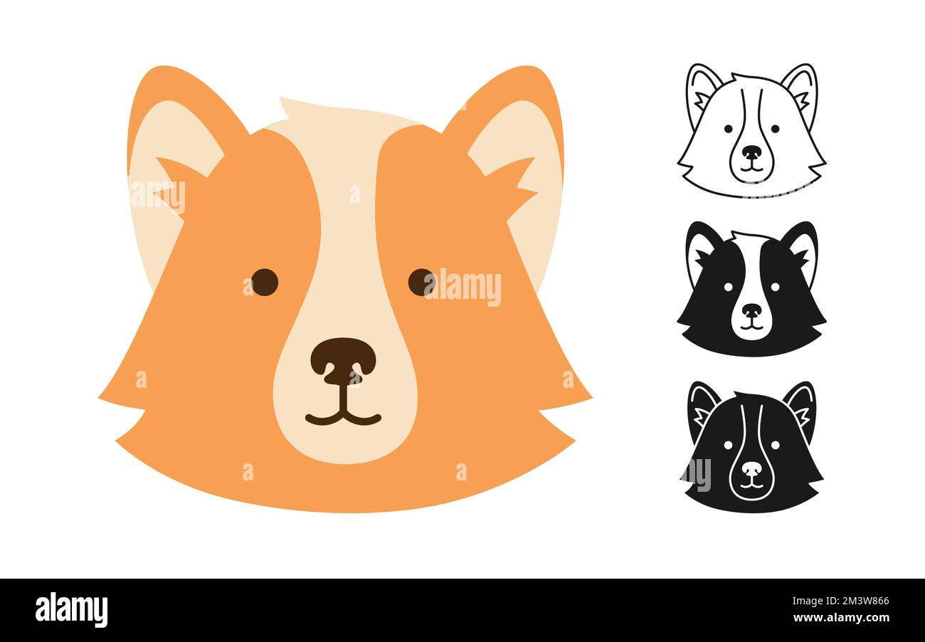 Jeu de caractères de dessin animé pour chiens corgi faces. Mignon puppy puppy pupille kawaii tête symbole museau, queue de cocotte, icône ou silhouette. Sourire drôle chien chien bébé, dessin animé plat autocollant modèle vecteur Illustration de Vecteur