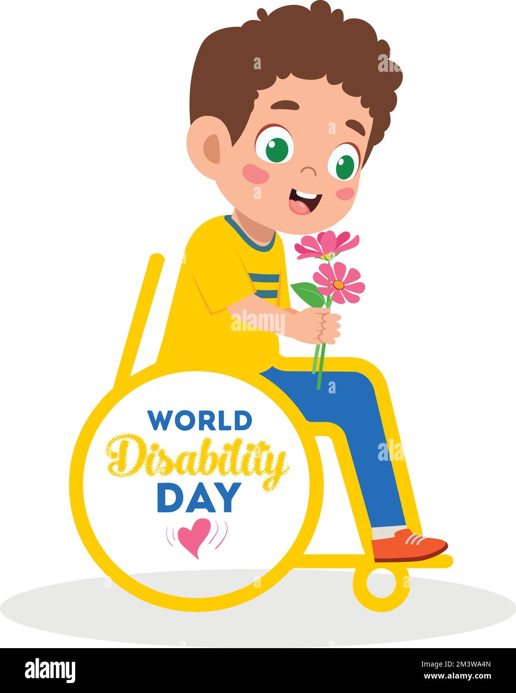 Illustration d'un garçon dans un fauteuil roulant tenant une fleur qui lui a été offerte à l'occasion de la Journée internationale des personnes handicapées Illustration de Vecteur