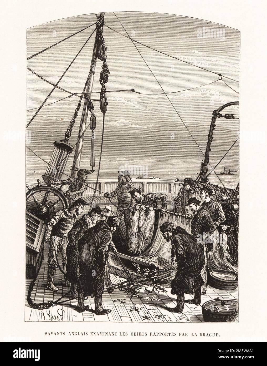 Marins anglais examinant des objets dragués de la mer. Pêcheurs vérifiant leurs prises. Savanes anglais examinant les objets raporte par la drague. Coupe de bois de Jules-Descartes Ferat du monde de la Mer d'Alfred Fredol, le monde de la Mer, édité par Olivier Fredol, Librairie Hachette et. Cié., Paris, 1881. Alfred Fredol était le pseudonyme du zoologiste et botaniste français Alfred Moquin-Tandon, 1804-1863. Banque D'Images