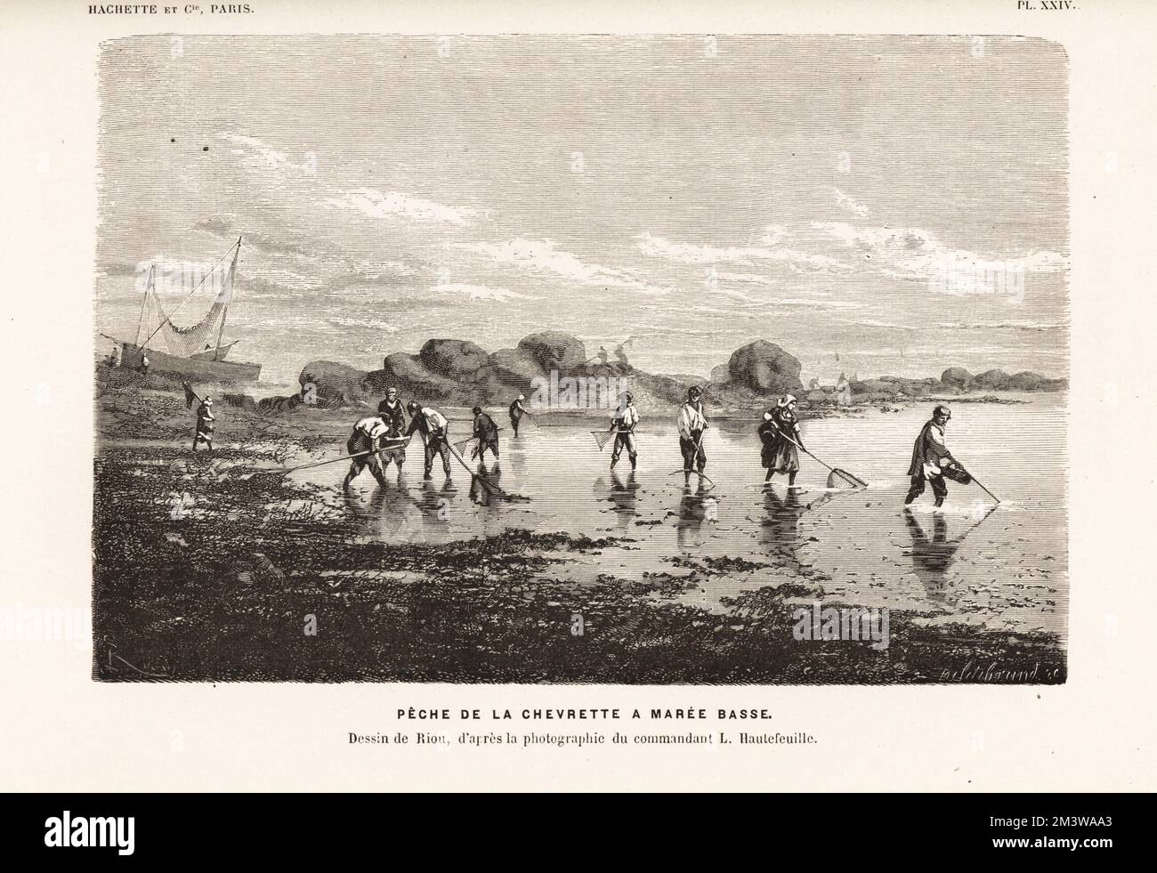 Les crevettes pêchant pour les crevettes avec filets à marée basse. Peche de la chevrette a Maree Basse. Dessin d'Edouard Riou d'après une photo de L. Hautefeuille. Coupe de bois d'Henri Hildibrand du monde de la Mer d'Alfred Fredol, le monde de la Mer, édité par Olivier Fredol, Librairie Hachette et. Cié., Paris, 1881. Alfred Fredol était le pseudonyme du zoologiste et botaniste français Alfred Moquin-Tandon, 1804-1863. Banque D'Images