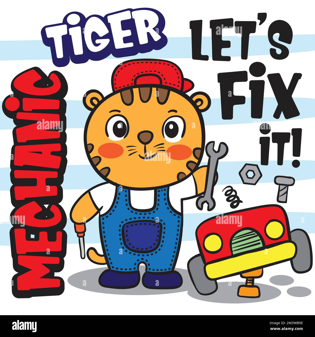 Adorable dessin animé de mécanicien tigre pour le motif t-shirt enfant Illustration de Vecteur