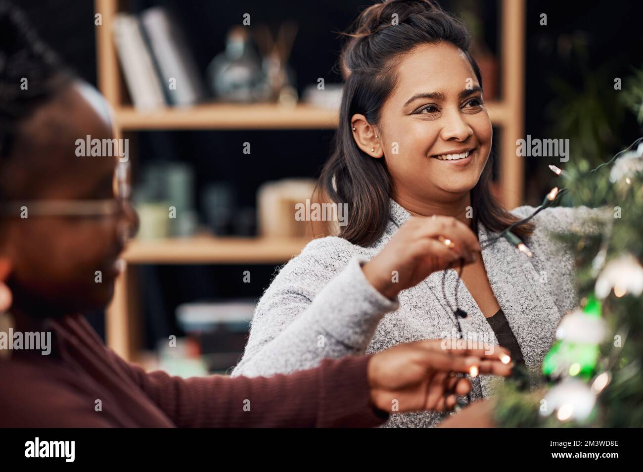 Il est difficile de ne pas être heureux de suspendre les décorations de Noël. Deux jeunes femmes décorant un arbre de Noël à la maison. Banque D'Images