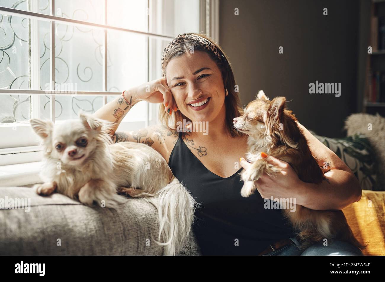 Une maison heureuse est remplie de fourrure et de câlins. une jeune femme se détendant avec ses chiens sur le canapé à la maison. Banque D'Images