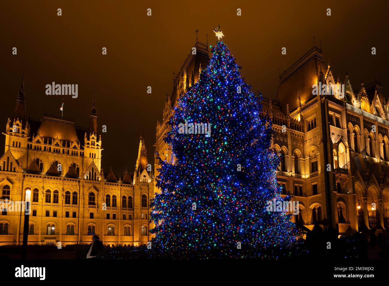 Budapest, Hongrie - 27 novembre 2022 : un arbre de noël illuminé près du Parlement hongrois la nuit. Banque D'Images