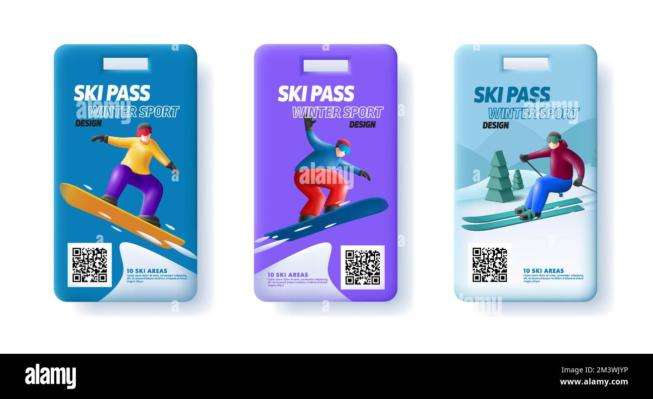 Modèle de carte d'entrée de forfait de ski avec 3D, illustration du skieur et du snowboardeur sur la pente avec code qr Illustration de Vecteur