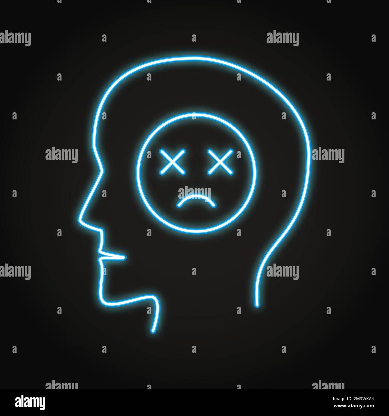 Icône de la tristesse au néon en style ligne. Personne malheureuse avec un triste emoji dans la tête. Illustration vectorielle Illustration de Vecteur
