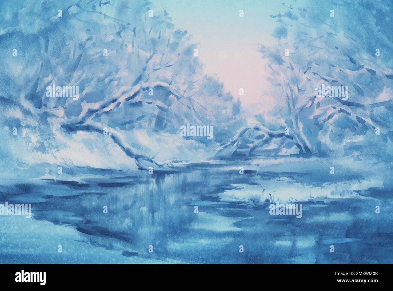 Arbres forestiers au bord de la rivière dans un fond bleu crépuscule aquarelle Banque D'Images