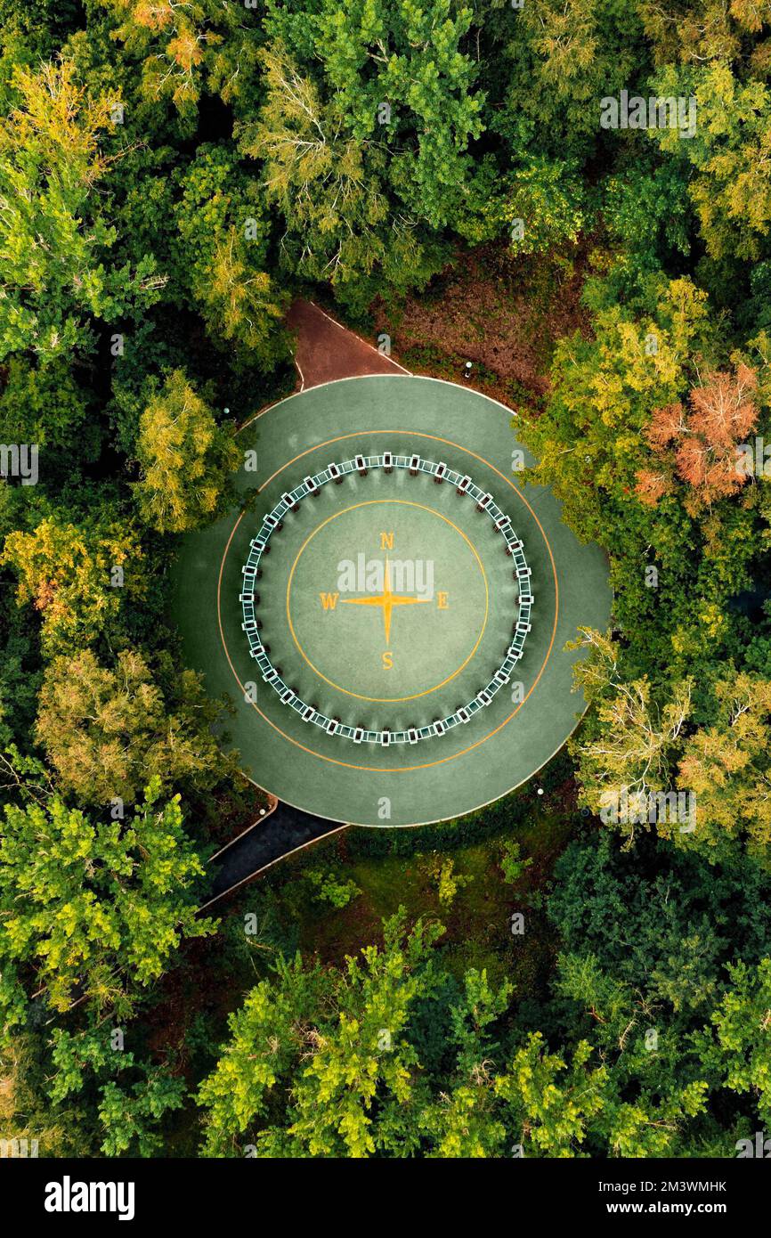 Vue aérienne du dessus du panneau Rose of Wind dans le parc de la ville. Emblème étoile boussole vent rose avec quatre bouts faits sur revêtement en caoutchouc doux à l'intérieur des balançoires en forme d'anneau au parc vert, fin de l'été. Vue de drone, verticale Banque D'Images