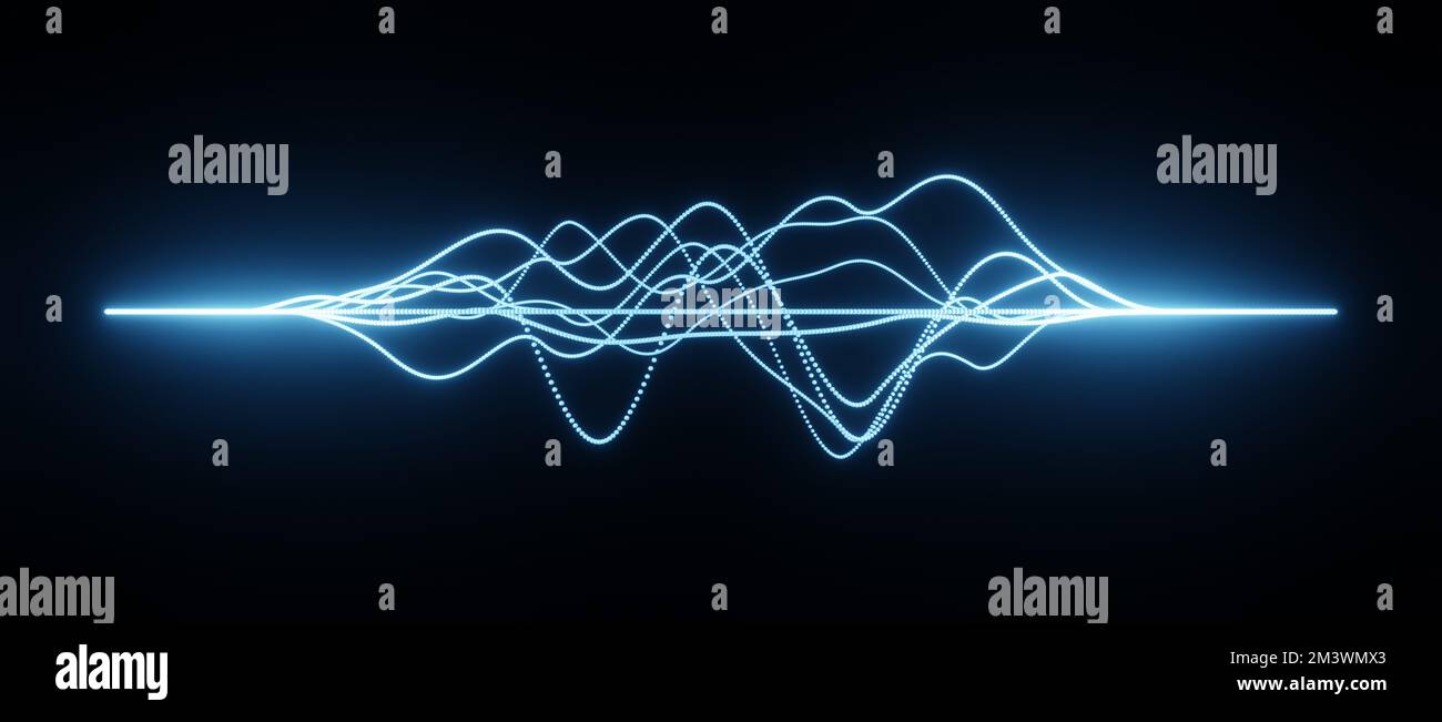 Illustration abstraite des ondes sonores bleues, visualisation des signaux de fréquence ou des longueurs d'onde audio, forme d'onde technologique futuriste avec espace de copie pour Banque D'Images