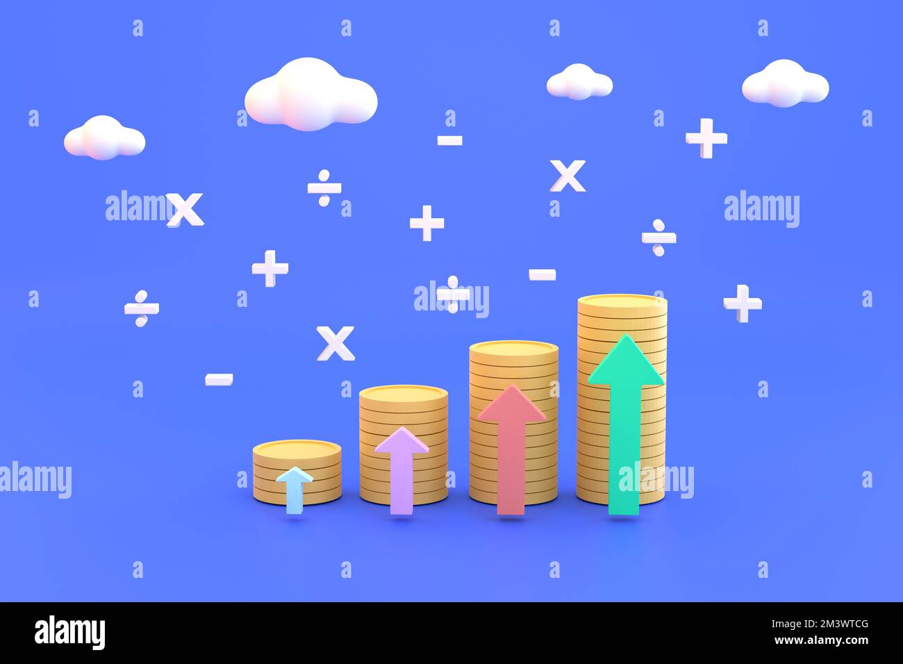 3D. Pile de pièces avec plus, moins, multiplier, diviser la finance des idées d'investissement Banque D'Images