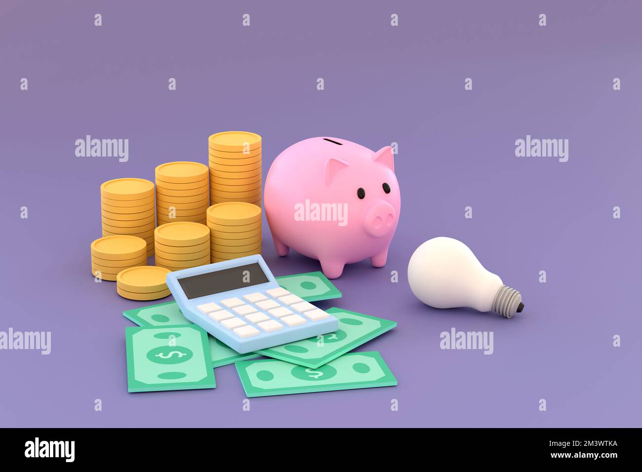 3D. Banque de pigeons, pièces, billets et calculatrice. économie d'entreprise. Banque D'Images