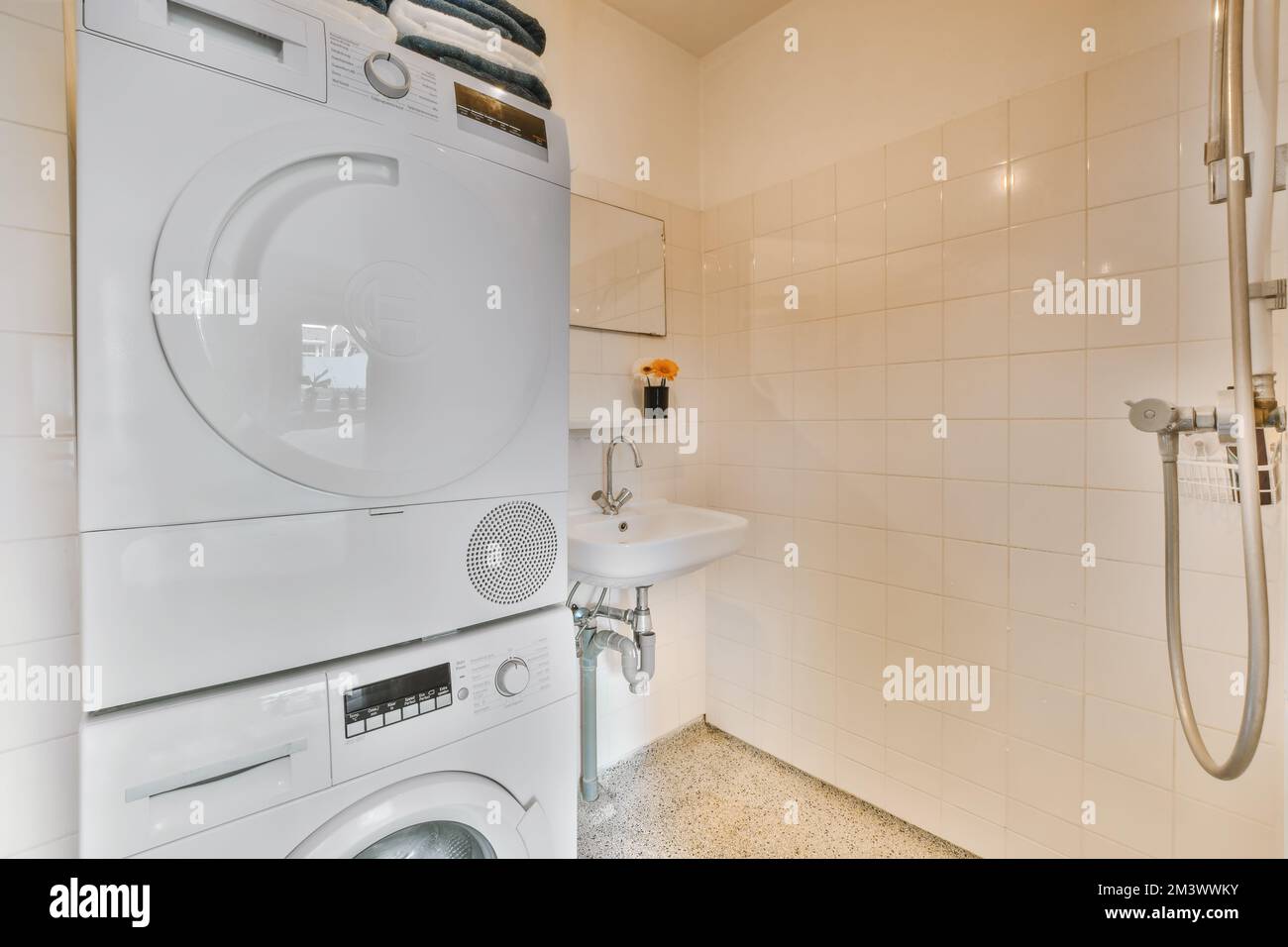 une buanderie avec lave-linge, sèche-linge et articles de toilette dans le coin à côté de la cabine de douche Banque D'Images
