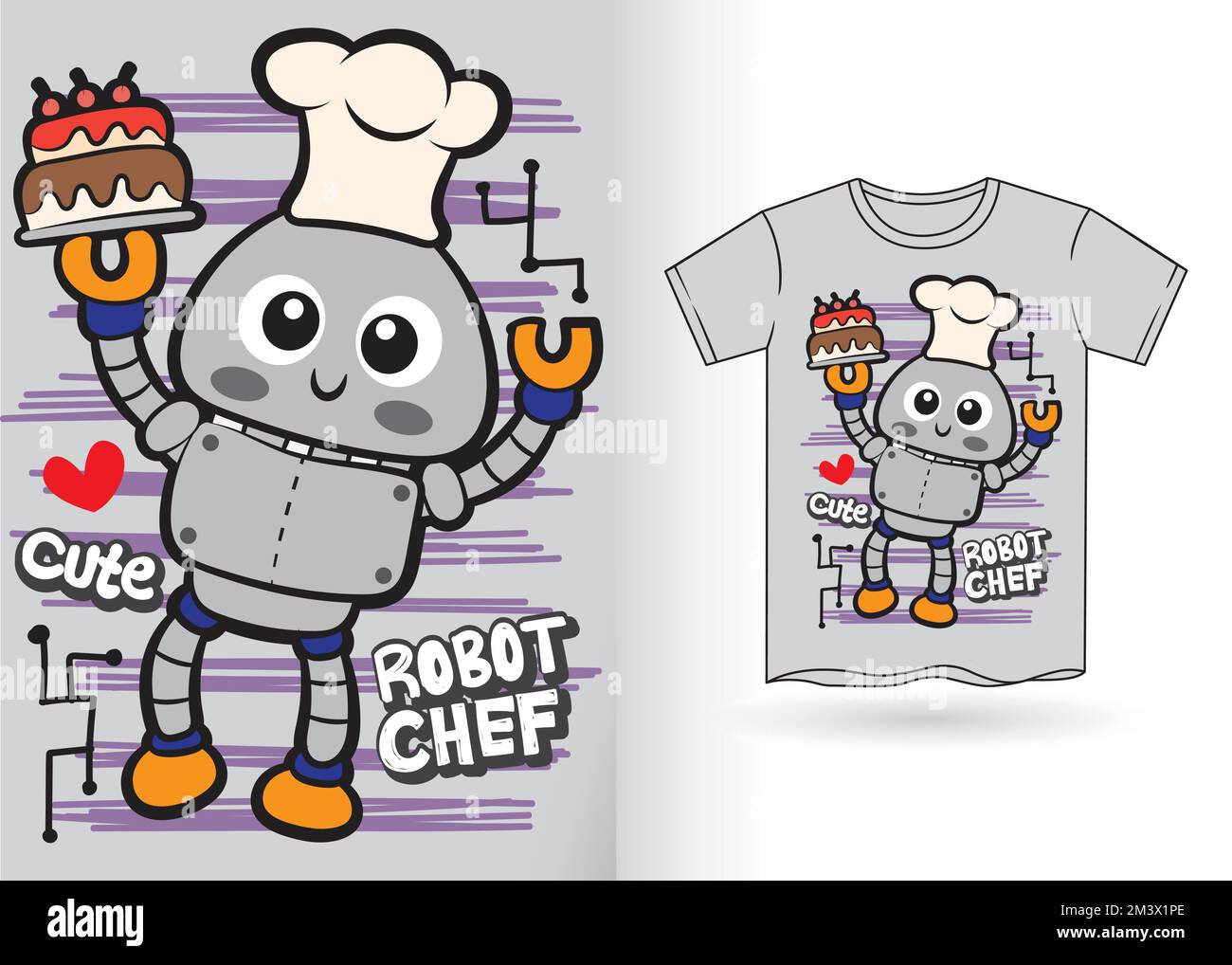 Adorable robot chef dessiné à la main pour le motif t-shirt enfant Illustration de Vecteur