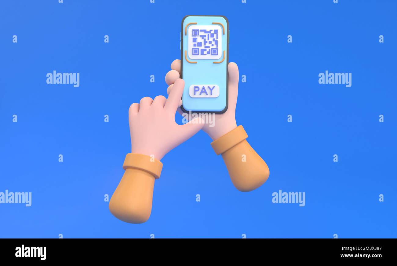 3D. Icône de lecture de code QR dans le smartphone. Main tenant téléphone mobile, lecteur de code-barres pour la paie. Banque D'Images