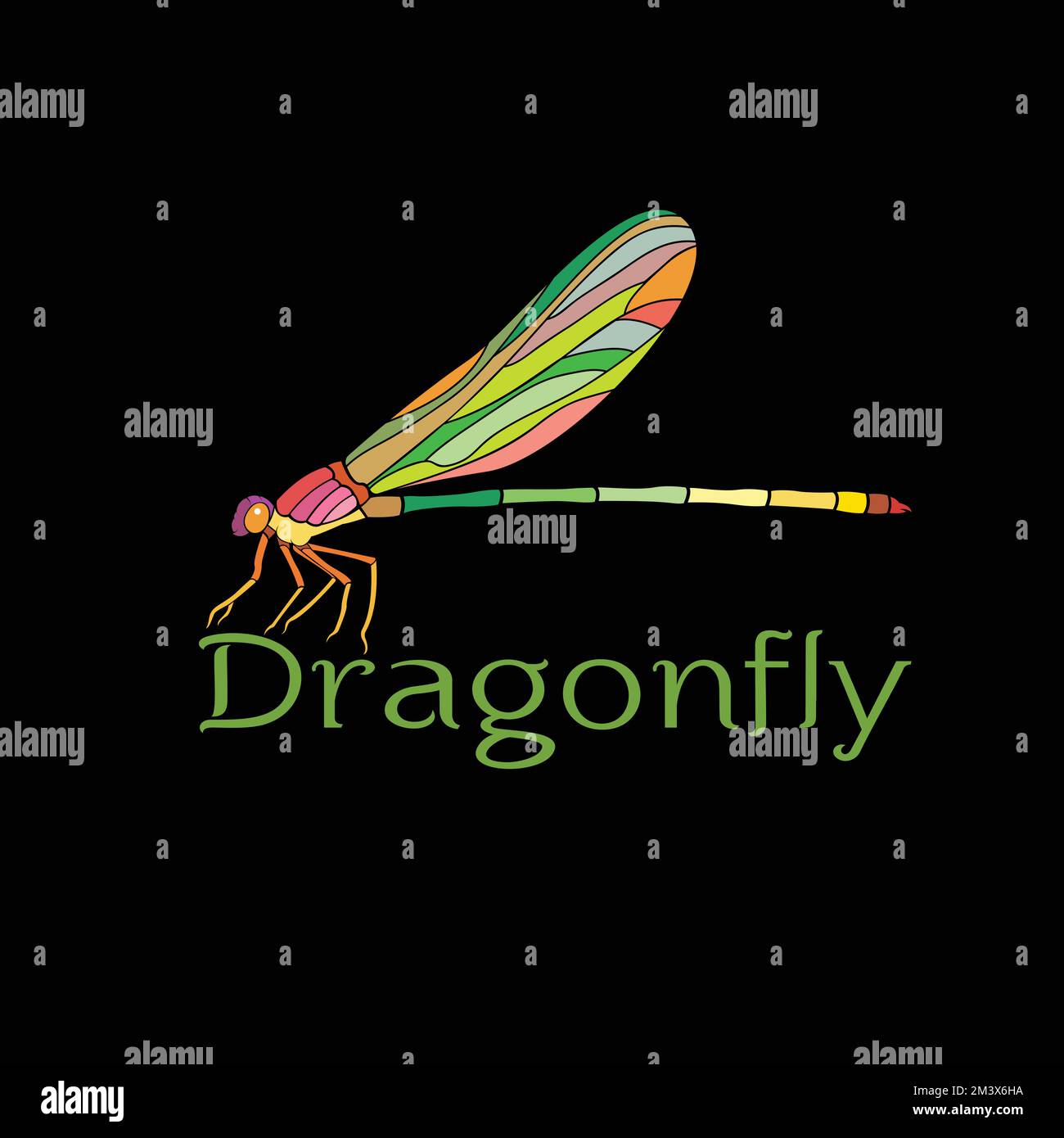 Vecteur de dessin de libellules colorées (Amphipterygidae) sur fond noir. Insecte animal. Illustration vectorielle superposée facile à modifier. Illustration de Vecteur