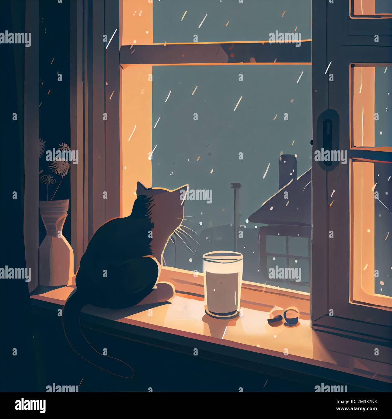 Le chat regarde par la fenêtre le soir à la neige ou à la pluie qui vient à l