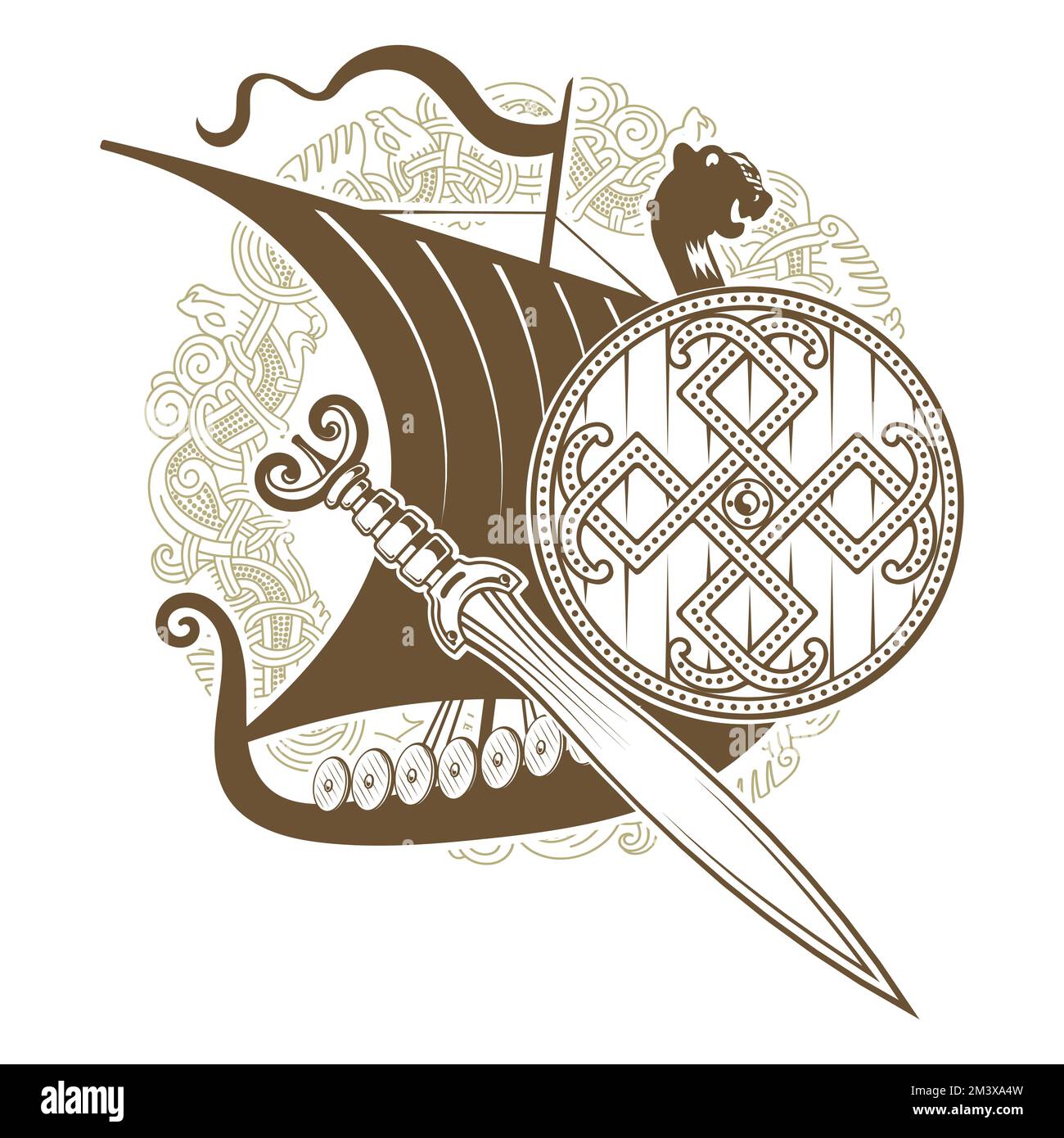 Design scandinave ancien. Navire viking Drakkar, épée, bouclier et motif Old Norse Illustration de Vecteur