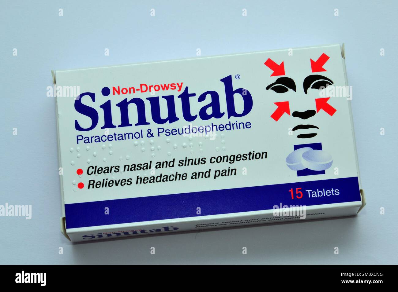 Extérieur de la boîte de comprimés de Sinutab: Contient du paracétamol et de la pseudoéphédrine pour éliminer la congestion nasale et sinusale, bon pour le rhume, la grippe, la grippe Banque D'Images